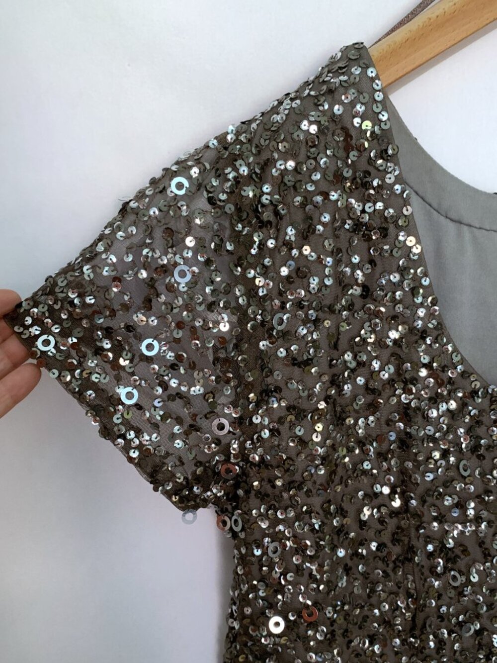 Adrianna Papell Scoop-Back All-Over Sequin Gown | Lead Gray | Size 18W - Picture 6 of 16